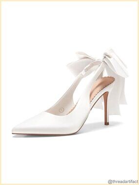 Satin Slingback High Heels with Bow Closed Pointed Toe Wedding Dress Pumps